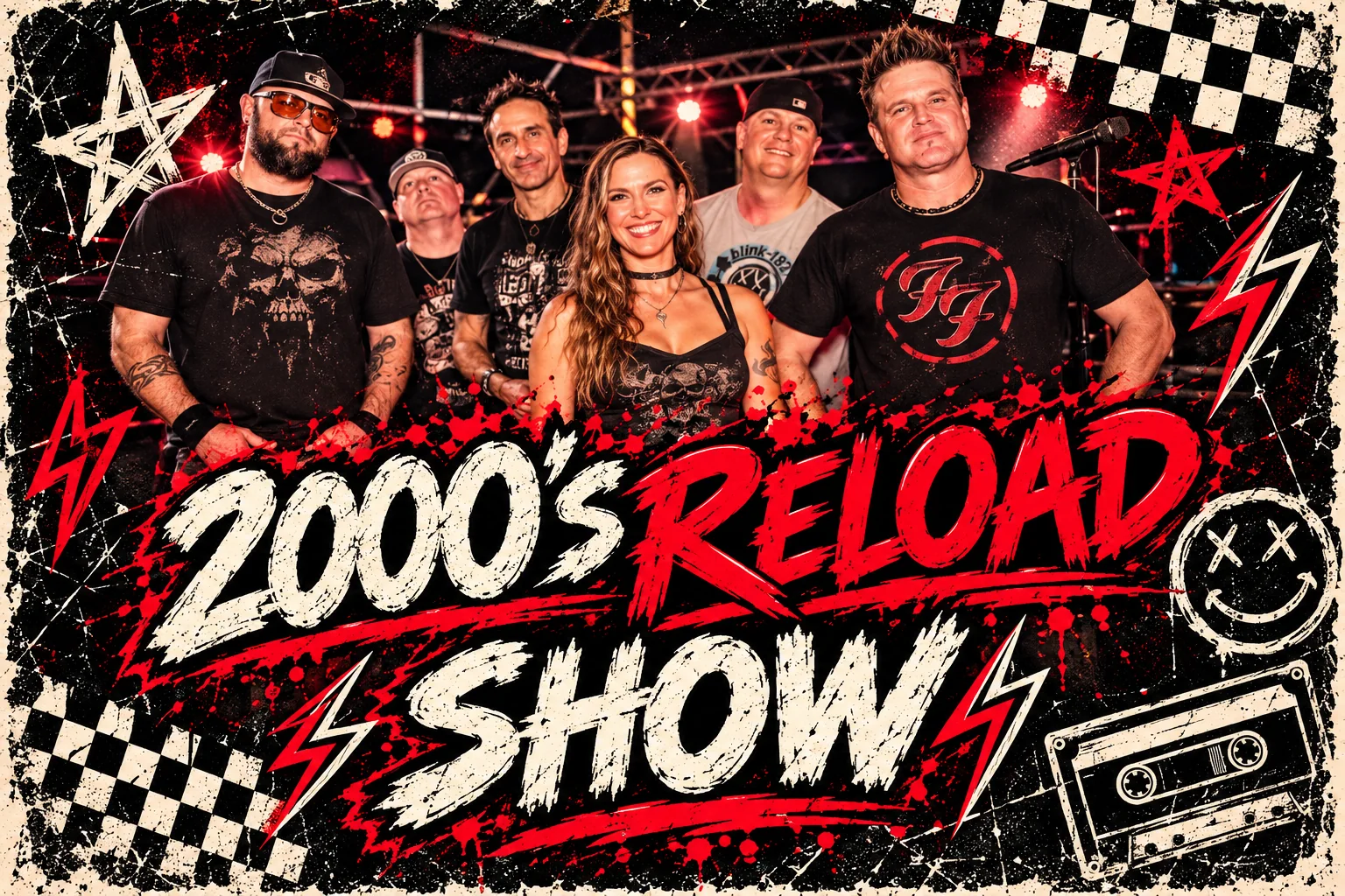 The Benjamins, the six-piece band behind the 2000s Reload Show, posing on stage with the show logo